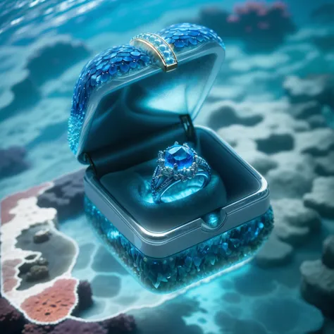 hyper HD, Super detail, Best quality, High details, 1080p, 16k, A high resolution，Sapphire-encrusted magic rings are placed deep in the ocean，Soft light，3Drenderingof，No Man:1.9，fish flocks，The corals，the reef，Lots of corals，ocean water