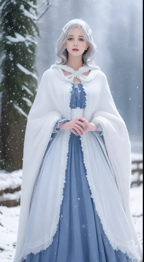 Photorealistic, high resolution, 1 Women, Solo, (Lolita costume)，Gorgeous costumes，Face the audience，The upper part of the body，upper legs， beautidful eyes, White hair, ringed eyes, (outside，Heavy snowfall，Cloak，Cover with snow)，snowfield，Blue eyes，Illustr...