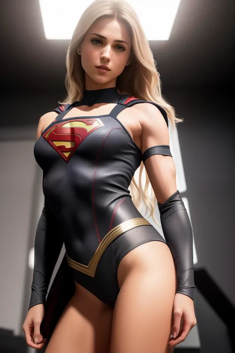 (raw photo,8k,photorealistic:1.3),(masterpiece, best quality), (from below) a mid shot photo of supergirl, confident, sexy top, short top:1.2, calm, modern futuristic clothing, complex, highly detailed, and dramatic, cinematic lighting, bright scene, camel...