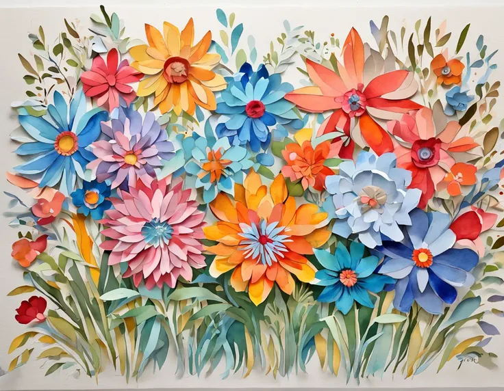 a paper cut up with a design of colorful flowers, in the style of desolate landscapes, packed with hidden details, strip painting, light red and light blue, colorful storytelling, textured shading, colorful imagery