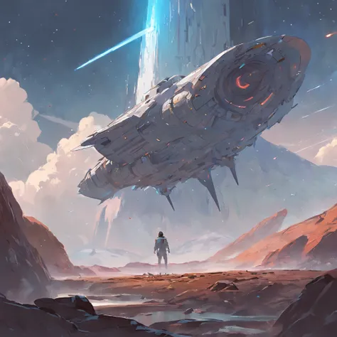 Drawing of a man standing on a rock and a spaceship flying over a rocky ground, inspired by sparth, Epic spaceship scene, sparth style, Spacecraft flies far, Star Citizen Digital Art, sci - fi illustrations, sci-fi illustration, detailed sci-fi art, In the...