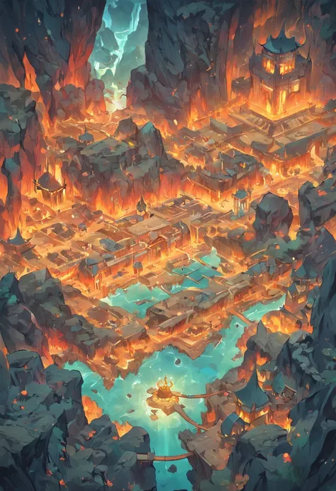 labyrinths of, dungeon, mine, lava river, crystals, 废墟, Game map design, Cartographic maps, Descending map, 2D, Cartographic, Game map, layout of map, Surreal, Detailed, Vivid colors, mystical lighting