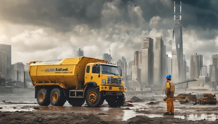 A middle-aged American man，Man，White top，Denim cargo pants，Black rain boots， Very professional water spray，Clean yellow cement truck，夏天，Blue sky，Construction site scene，ultra-realistic image，centered composition，Elevation viewing angle，ultra-realistic imag...