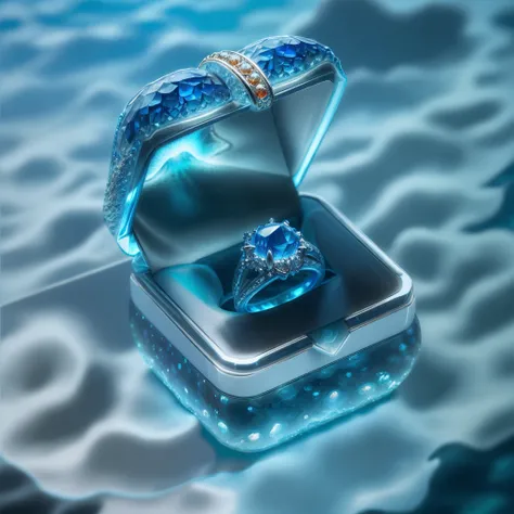 hyper HD, Super detail, Best quality, High details, 1080p, 16k, A high resolution，A magic ring inlaid with sapphires is placed deep in the ocean，Soft light，3Drenderingof，No humans:1.9，fish flocks，The corals，ocean water