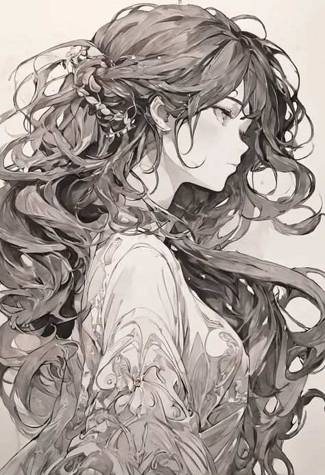 Pintura de una mujer con cabello largo y un reloj, Hermoso arte lineal, Arte lineal en blanco y negro, Hermoso arte lineal, Trazos de tinta muy finos, Arte oficial de alto detalle, Black line art on white, arte,No drena negro, Libro para colorear, Fanart e...