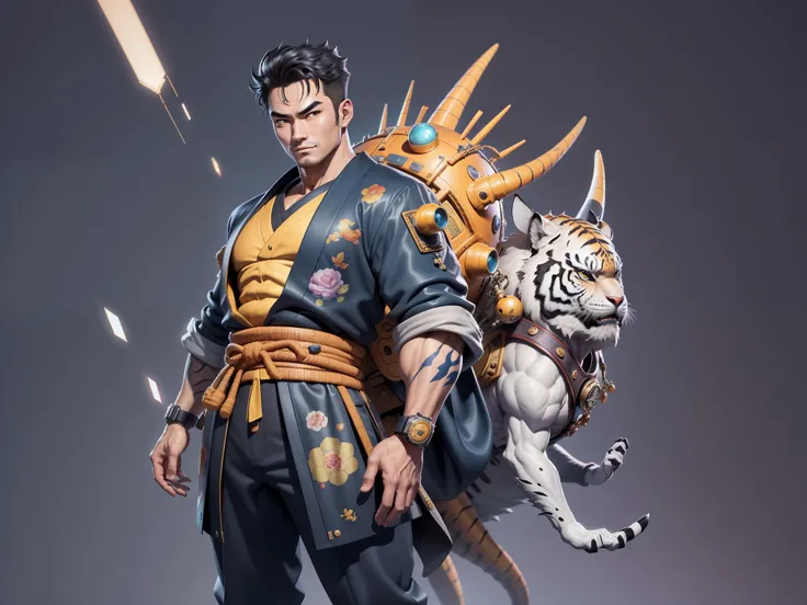 (Masterpiece), (Excellent), (Super Meticulous), (Full Body: 1.2), Super Young Man, Oriental Face, Japanese Kimono, Japanese Wind Thunder God, Dragon, Tiger, TV Anchor, Bust Portrait Illustration, Alone, Black Suit, Blue Tie, Slightly Chubby Face, Very Clea...