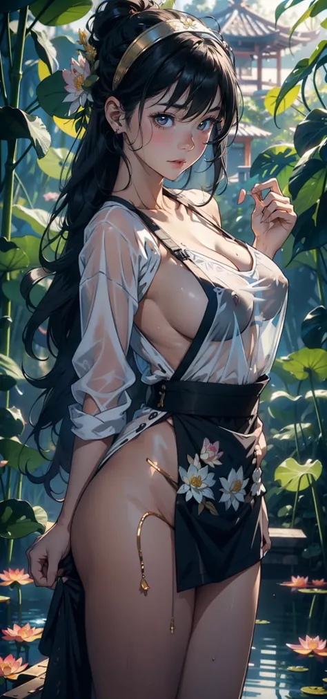 1female，age 5，bit girl，，Bigchest ，Pornographic exposure， 独奏，（Background with：bamboo forrest，lotuses，lotus flower，exteriors，） She has short black hair，bobo head，Sweat profusely，drenched all over the body，seen from the front， hair straight， mostly cloudy sky...