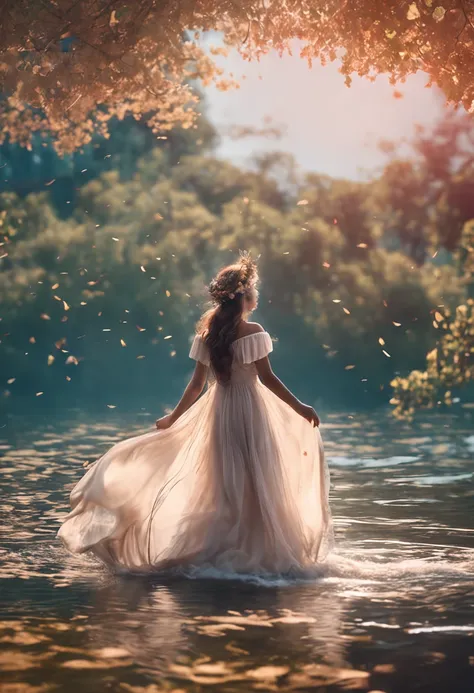 Against the background of quiet lakes, emerald trees, blue sky and white clouds, a charming and moving girl suddenly arrived. She wore an elegant long dress, a gorgeous flower crown on her head, and long soft hair