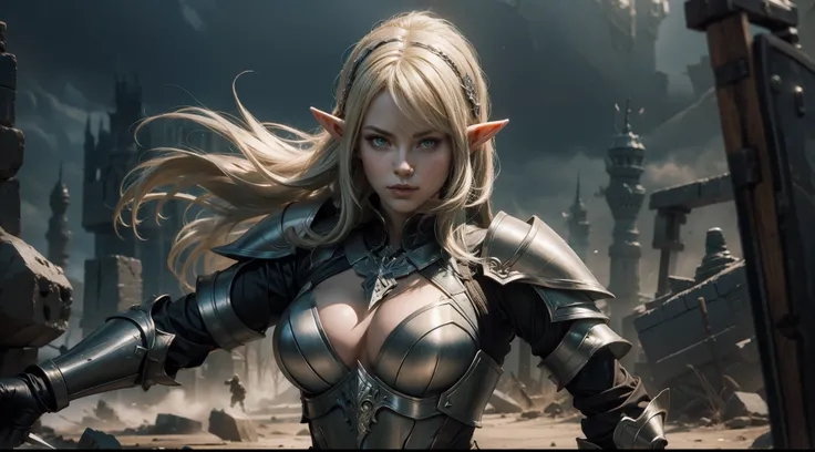 female elf，Large breasts，Heavy armor，Square shield，Complex patterns，The background is the battlefield，Fighting posture，Mid-range portrait