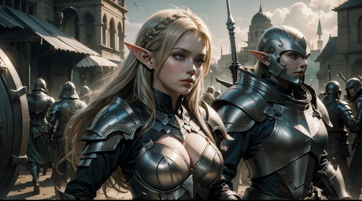 female elf，Large breasts，Heavy armor，Square shield，Complex patterns，The background is the battlefield，Fighting posture，Mid-range portrait