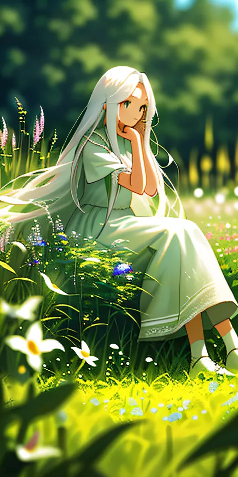 (masterpiece, best quality),1girl with long white hair sitting in a field of green plants and flowers, her hand under her chin, warm lighting, white dress, blurry foreground