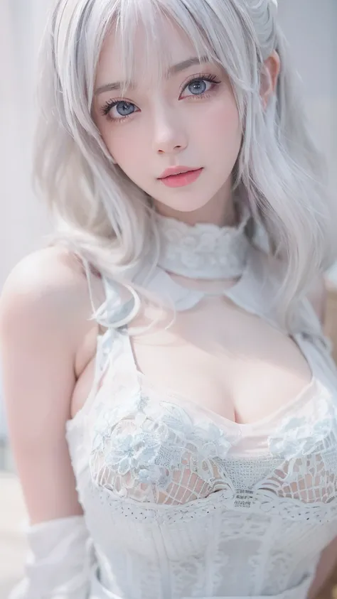 Close-up of a woman in a white vest and skirt, pale milky white porcelain skin, Smooth translucent white skin, seductive anime girls, beautiful and seductive anime woman, ultrarealistic sweet bunny girl, pale porcelain white skin, Smooth and realistic perf...