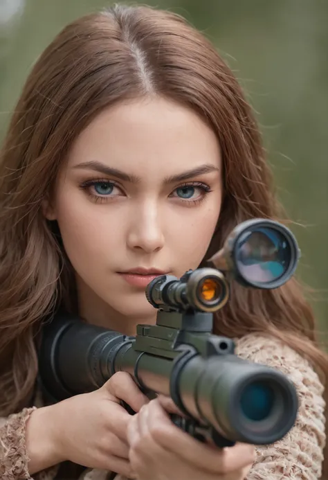 Beautiful girl sniper ambush in Big Blue House，Ready to shoot。