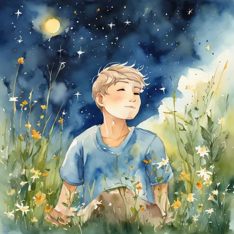 The boy under the stars sits with his back to the grass No face Looking at the universe The sky is full of stars Short hair Blue casual clothes Characters account for less than a quarter