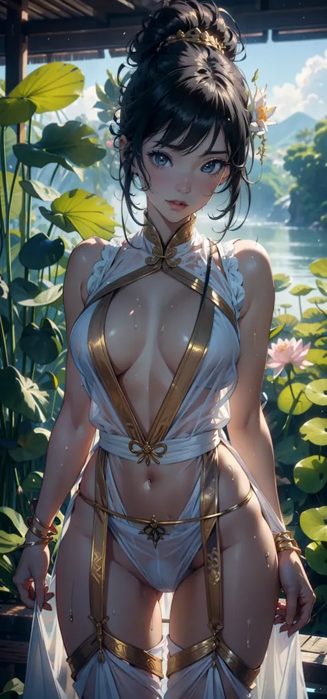 1female，age 5，bit girl，，Bigchest ，Pornographic exposure， 独奏，（Background with：bamboo forrest，lotuses，lotus flower，exteriors，） She has short black hair，bobo head，Sweat profusely，drenched all over the body，seen from the front， hair straight， mostly cloudy sky...