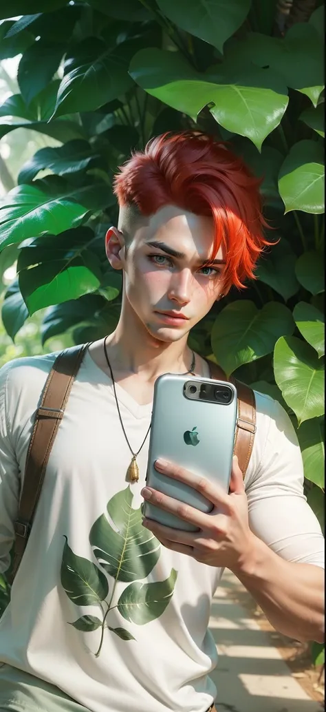 Boy with Phone futuristic leaf background realistic face, Red Hair ultra high quality HD