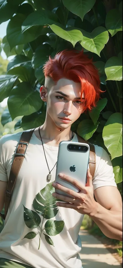 Boy with Phone futuristic leaf background realistic face, Red Hair ultra high quality HD