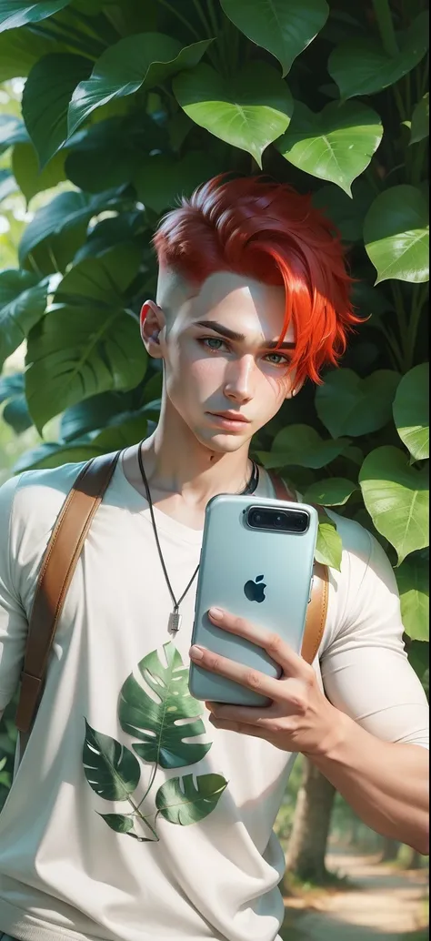 Boy with Phone futuristic leaf background realistic face, Red Hair ultra high quality HD