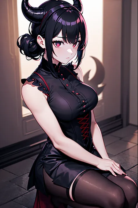 1 girl, demon girl, solo, black hair, short straight hair, gloves, bun updo, side bangs, long horns, ultra detailed red and black eyes, slit_pupils, gothic dress, sleeveless gothic dress, light gothic dress, skirtless gothic dress, ruined gothic cathedral ...