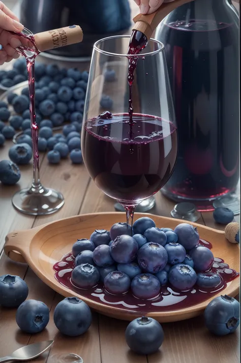 The blueberry wine is poured into the glass，Blueberry wine，Blueberries spread on the table，Kitchen background，