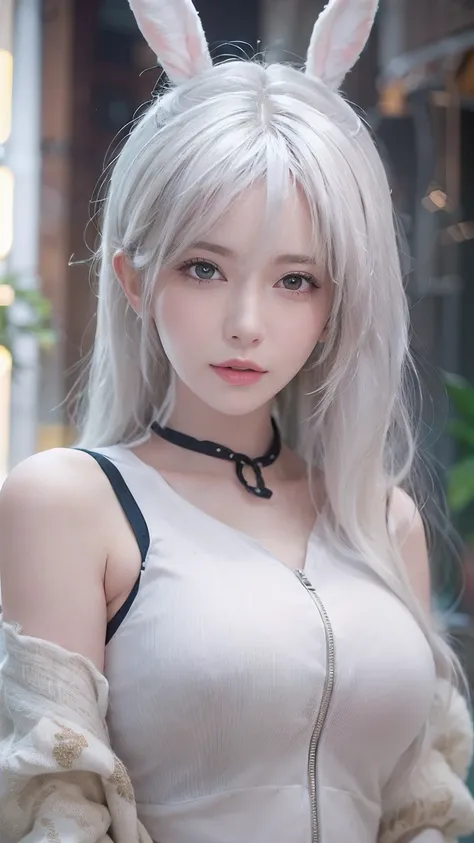 Close-up of a woman in a white vest and skirt, pale milky white porcelain skin, Smooth translucent white skin, seductive anime girls, beautiful and seductive anime woman, ultrarealistic sweet bunny girl, pale porcelain white skin, Smooth and realistic perf...