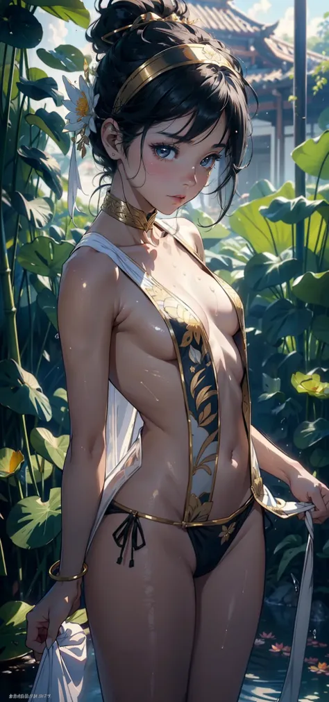 1female，age 5，bit girl，Small loli，smallunderboob ，Pornographic exposure， 独奏，（Background with：bamboo forrest，lotuses，lotus flower，exteriors，） She has short black hair，bobo head，Sweat profusely，drenched all over the body，seen from the front， hair straight， m...