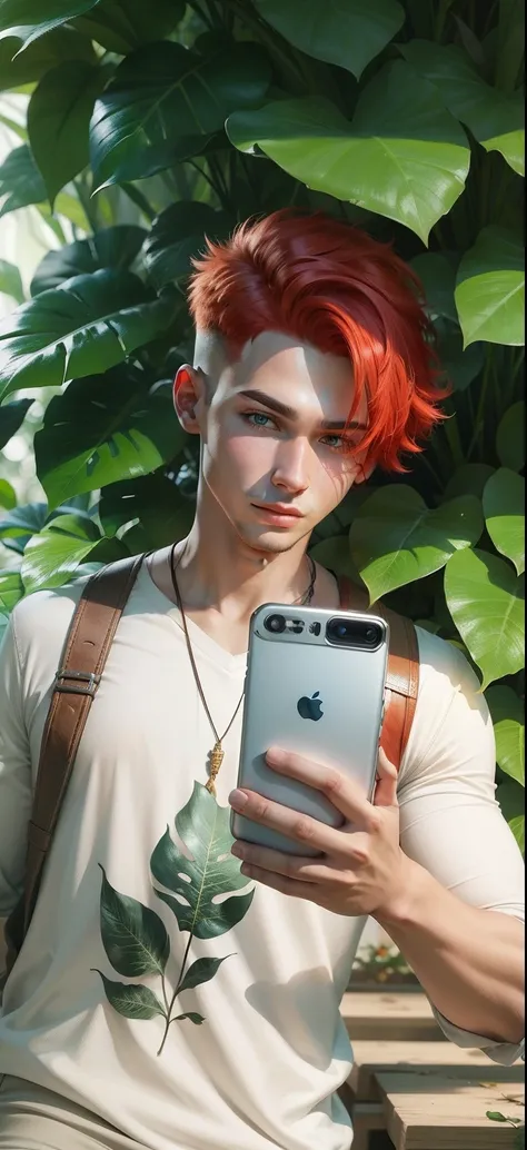 Boy with Phone futuristic leaf background realistic face, Red Hair ultra high quality HD