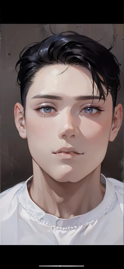 delicated face，Shoot down，Thick acrylic illustration，author：Kawacy，author：john singer sargent，tmasterpiece，Upper body，The king，A boy with，two hands，White eyes，with short white hair，paleskin，beauitful face，light of god，white  shirt，rich details​，high qulity...