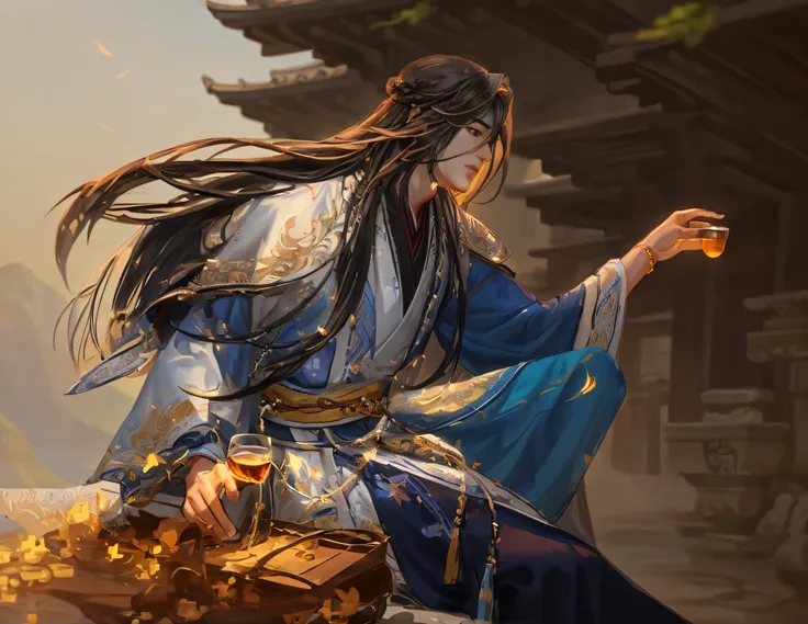 Image of Alphad sitting on a rock drinking wine, flowing hair and long robes, inspired by Wu Daozi, by Yang J, Beautiful character painting, Inspired by Cao Zhibai, handsome guy in demon killer art, inspired by Yeong-Hao Han, Inspired by Zhao Yuan, G Liuli...