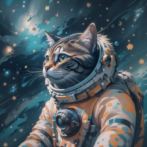 ((best quality)), ((masterpiece)), (detailed), (realistic), "Space-suited cat exploring the vast universe, starry background: 1.2), (bold brushstrokes and colors: 1.1), (cool and muted colors: 1.2), (flat design style: 1.3), (8k resolution, high contrast: ...