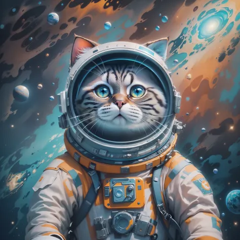 ((best quality)), ((masterpiece)), (detailed), (realistic), "Space-suited cat exploring the vast universe, starry background: 1.2), (bold brushstrokes and colors: 1.1), (cool and muted colors: 1.2), (flat design style: 1.3), (8k resolution, high contrast: ...