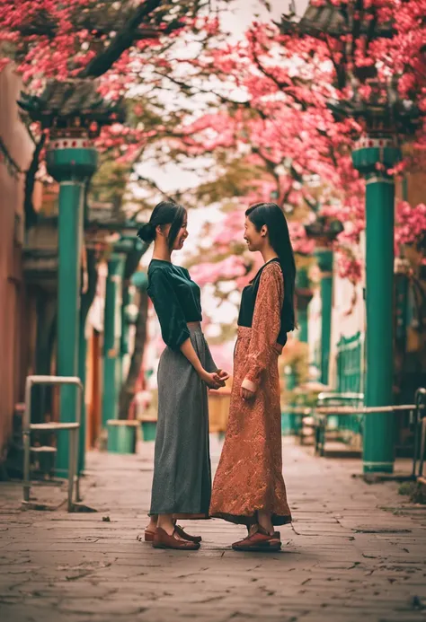 Two Chinese female college students with long black hair，Girlfriends，arms in arms，ssmile，long  skirt，Sunnyday，Skysky