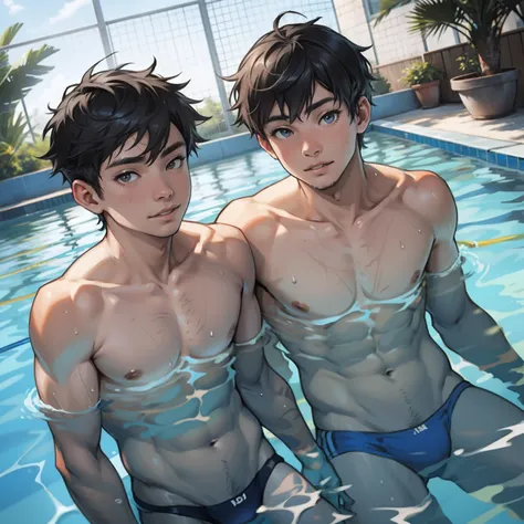 Two boys swimming together，swimmingpool，Raised sexy