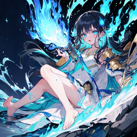 An Anime teen girl, (((White and aqua armor))), ((blue hand and feet accessories)), ((((long ish black hair with blue fire burning all over it)))), ((gold hair accessories)), blue eyes, gold ear decorations, nose, (serious), pale skin, small thigh, (((smal...