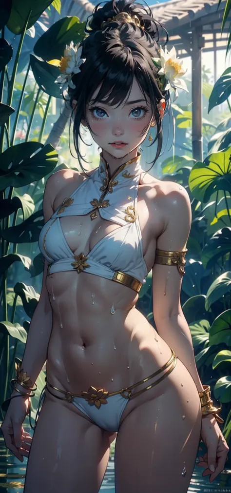 1female，age 5，bit girl，Small loli，smallunderboob ，Pornographic exposure， 独奏，（Background with：bamboo forrest，lotuses，lotus flower，exteriors，） She has short black hair，bobo head，Sweat profusely，drenched all over the body，seen from the front， hair straight， m...