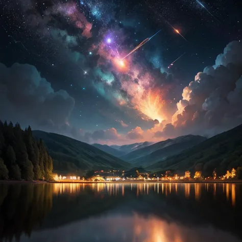 starry sky bright，meteors，​​clouds，mont，Lake surface，Mirror effect