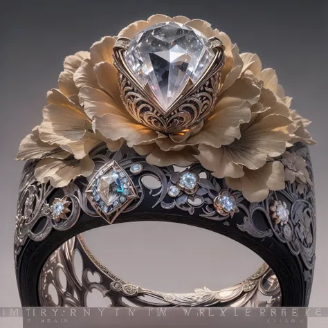 (Couple rings,A couples ring,Two similar rings,Metal hollow carving of dragons head,phoenixes head,and flowers,Berlin black iron jewelry in a victorian gothic style,Meticulously carved diamonds,gold threads and jade bands,hollowed out plant shaped metal ca...