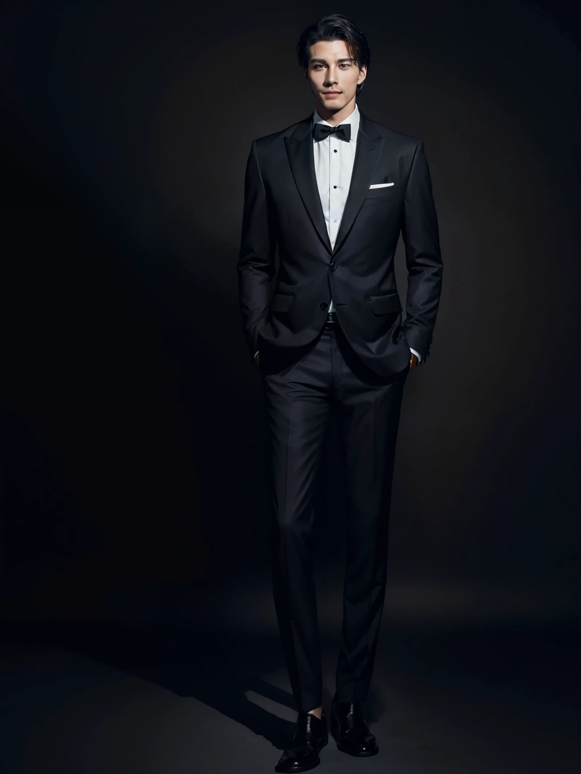 A striking photo of a handsome man dressed in a black formal suit, exuding confidence as he stands with his arms crossed. The sleek and stylish design of the suit complements his charming presence, making him a captivating and visually appealing subject. T...