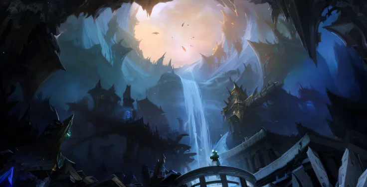 Anime scene of buildings with spiral stairs and waterfalls, League of Legends concept art, world of warcraft concept art, blizzard concept art, blizzard game concept art, league of legends arcane, Official Splash Art, world of warcraft art style, Splash Ar...