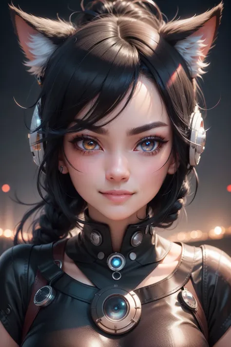 black hair, hair bobbles, wince, longeyelashes, solid circle eyes, fake animal ears, light smile, ear blush, fang, Surrealism, drop shadow, anaglyph, tachi-e, pov, atmospheric perspective, 8k, super detail, ccurate, Best quality spaceship