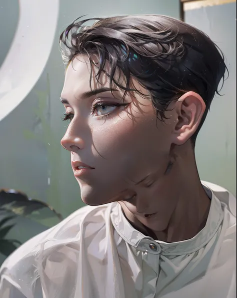 delicated face，Shoot down，Thick acrylic illustration，author：Kawacy，author：john singer sargent，tmasterpiece，Upper body，The king，A boy with，two hands，White eyes，with short white hair，paleskin，beauitful face，light of god，white  shirt，rich details​，high qulity...