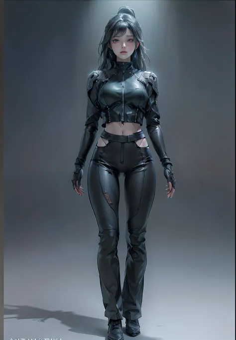 ((Best Quality)), ((Masterpiece)), (detail: 1.4), 3D, Beautiful Cyberpunk Female Image, Sideways, Broken Black Tights, Leather Clothes, Hips, Mechanical, HDR (High Dynamic Range), Ray Tracing, NVIDIA RTX, Super Resolution, Unreal 5, Subsurface Scattering, ...