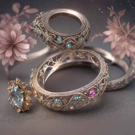 (Couple rings,A couples ring,Two similar rings,Wedding Rings art design,solo:1.2),(Wedding Rings art design,glass flowers,nebula jewelry,starry sky color crystal,AbstractPattern Ring:1.45),(intricate,ironwork,handmade,A romantic engagement ring with a pear...