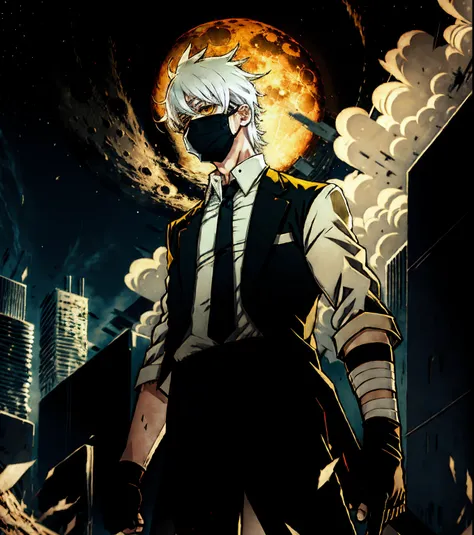 anime style, boy, bandages mask, yellow eyes, white hair, black clothes, black pants, bandages gloves, float in the Sky, night, very dark, destroyed city, big White moon,