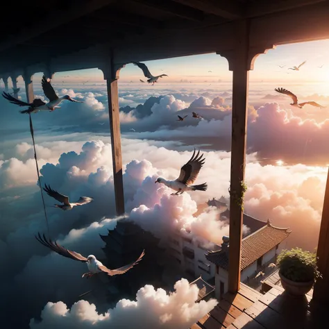 Chinese-style complex，Morning，morning glow，flying birds，fog atmosphere