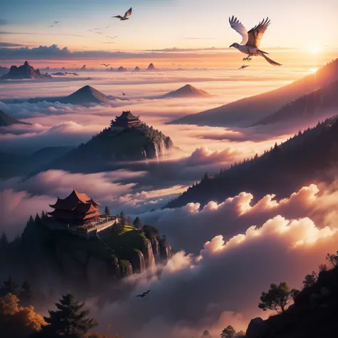 Chinese-style complex，Morning，morning glow，flying birds，fog atmosphere