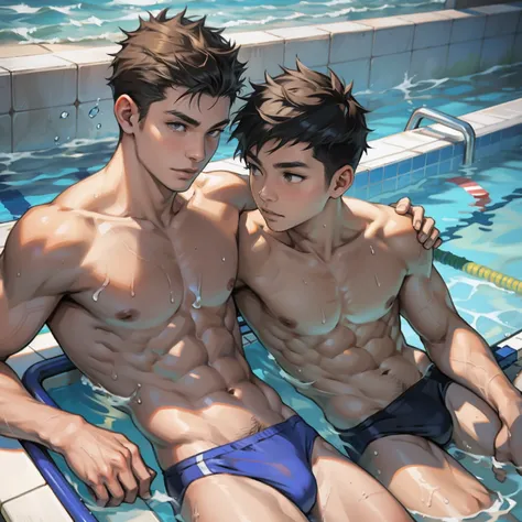 Two boys swimming，swimmingpool，Raised sexy