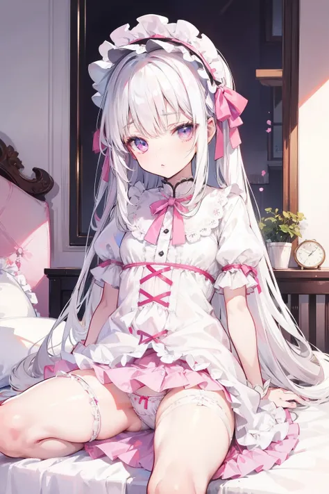 Cute white-haired loli，Dressed in Lolita and white silk，Sitting on the bedside，Spread your legs，Pink panties can be seen，Leakage from the lower body