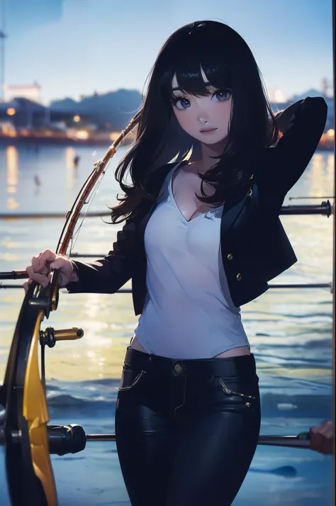 ((((having a fishing rod with a reel by the lakeside:1.5)))),((Female 28 years old)),((Best Quality:1.5)),(((Hands with the correct number and structure of fingers:1.4))),((Big fish:1.37)),hight resolution,ultra-detailliert,​masterpiece,best qualtiy,(Eight...