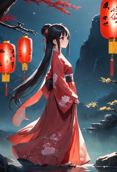 1girll，moon full，Chinese outfit，shift dresses，Black color hair，looking at viewert，are standing，Red dress，Hanfu，longer sleeves，long  skirt，Reflective floor，long whitr hair，full bodyesbian，natta，hair-bun，hair adornments，jewely，耳Nipple Ring，drippy，airbubble，j...